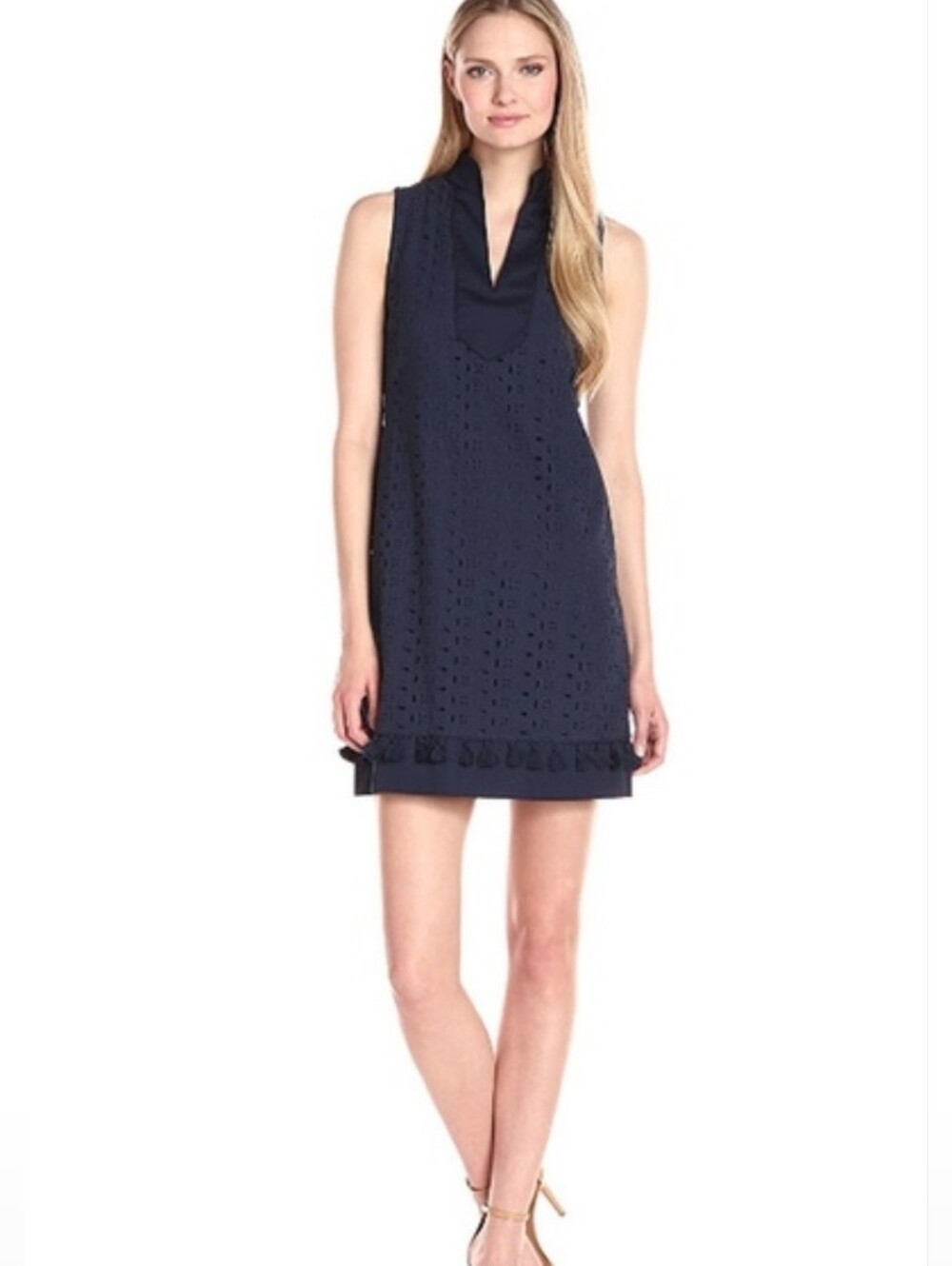 Eliza J Eyelet Shift Dress Navy Blue Sleeveless Mandarin Collar Women 6